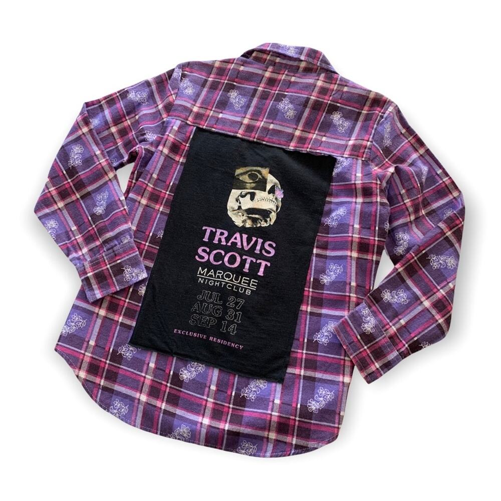 Reworked Travis Scott Graphic Upcycled Purple Plaid Button Up Flannel Medium